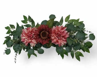 Burgundy Dahlia, Sunflower, Eucalyptus Leave 24" Wall Swag Arrangement Door Arch Mirror Window Silk Flower All Seasons Home Decor EST206