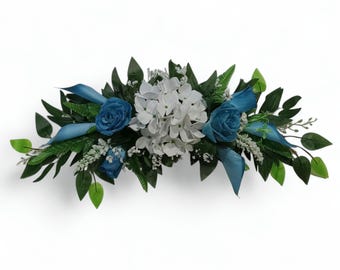 Wedding Arch Centerpiece Swag Turquoise Blue Rose and White Hydrangea 25"W Silk Flower Wall Table Gift All Season Decor Home Accent EST044