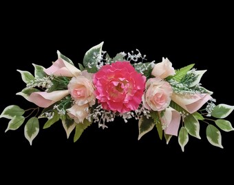 Pink Roses Peony 25" W Swag Silk Flower Wall Door Arch Window Centerpiece Gift All Season Decor Accent Wedding Home Office Foyer EST045