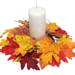 Fall Table Decor 14&quot; Candle Ring/Small Wreath Multicolored Mixed Foliage Oak Maple Autumn Silk Flower Thanksgiving EST077