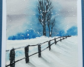 Hand Painted Watercolor Snow Scene Landscape Card