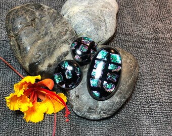 Unique, Abstract Dichroic Glass Pendant Necklace & Earring Set, One of a kind