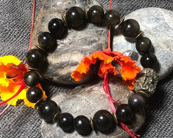 Obsidiana / vidrio volcánico y brazalete de hombre verde, tamaño de la pulsera: 7.25 "(18.4 cm)