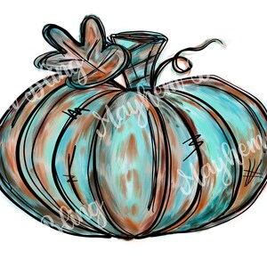 May include: A hand-drawn illustration of a teal and brown pumpkin with black outlines. The pumpkin has a stem and a leaf. The image has a watercolor effect and is set against a white background. The pumpkin is a fall or autumn themed image.