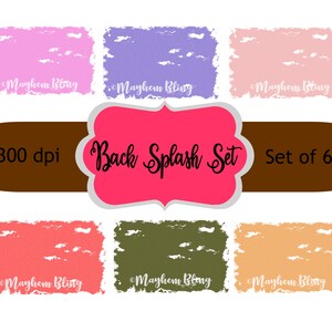 May include: Set of six digital backsplash designs in various colors, including pink, purple, orange, green, and red. The designs have a distressed, textured look. The text "Back Splash Set" and "Set of 6" are included in the image.