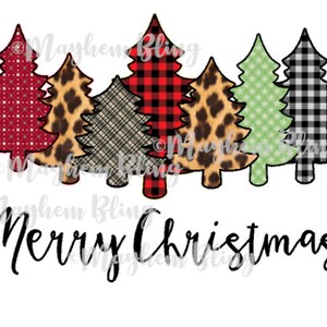 Puede incluir: Cinco árboles de Navidad en fila con diferentes patrones. Los árboles son de cuadros rojos y blancos, de estampado de leopardo, de cuadros grises y blancos, de cuadros verdes y blancos y de cuadros negros y blancos. El texto "Feliz Navidad" está debajo de los árboles.