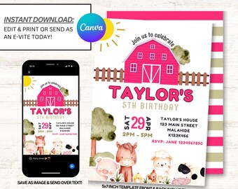 Farm Invitation, Farm Birthday Invites,Farmyard Animals Invitations, Instant Download