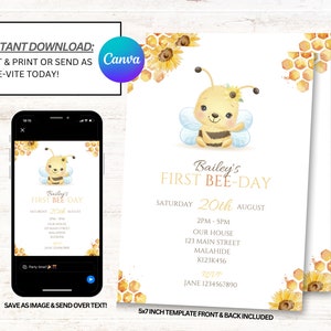 First Bee Day invitation, Bee Invitations, 1st Bee-Day Invites, Instant Download