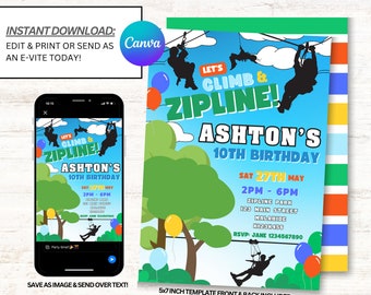Peut inclure: Une invitation imprimable pour une fête d'anniversaire de 10 ans sur le thème de la tyrolienne. L'invitation présente un fond bleu et vert avec une tyrolienne de dessin animé et le texte "Let's Climb & Zipline! Ashton's 10th Birthday". Le dos de l'invitation a un motif rayé coloré.