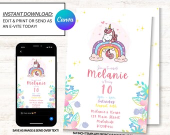 Unicorn Invitation, Unicorn Invites, Rainbow Invites, Instant Download