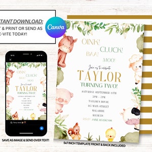 Farm Invitation, Farm Birthday Invites,Farmyard Animals Invitations, instant Download