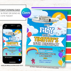 Convites de paraquedismo, convite de aniversário para paraquedismo, convites para festas de paraquedismo, download instantâneo