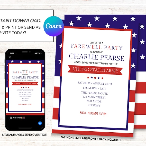 Military Deployment Invitations, Army Send Off Invitation, Farewell Party Invites, Instant Download