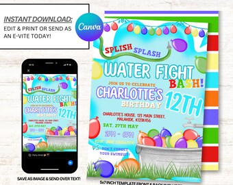 Water Balloon Invitations, Water Balloon Birthday Invitation, Water Fight Party Invites, Instant Download