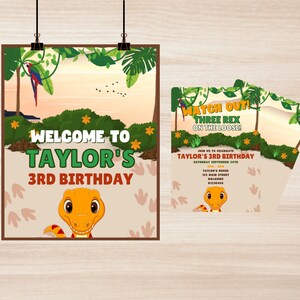 Dinosaur Invitations , Three Rex Birthday Decor, Dinosaur Birthday Party Sign, Instant Download