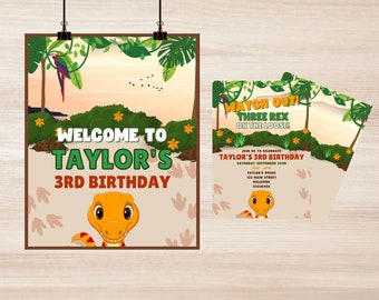Dinosaur Invitations , Three Rex Birthday Decor, Dinosaur Birthday Party Sign, Instant Download