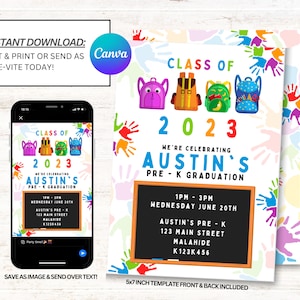 Kindergarten Graduation Party Invitation, Pre-School Graduation Invitations, Pre-K Graduation Invites, Instant Download