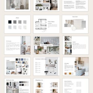 Peut inclure: Un tableau de présentation pour des services de design d'intérieur. Le tableau comprend une page d'accueil, un tableau d'ambiance, des échantillons de couleurs de peinture, un plan d'étage, une sélection de meubles, une liste de courses et une conception de cuisine. Le tableau est conçu dans un style moderne avec une palette de couleurs neutres.