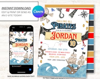 Pirate Invitations, Pirate Birthday Invitation, Pirate Party Invites, Instant Download