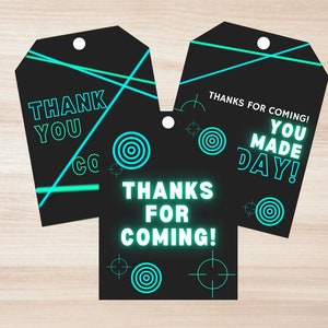 Set of 3 Laser Tag Party Gift Tag Editable Template - Neon Thank You/ Thanks For Coming Tags