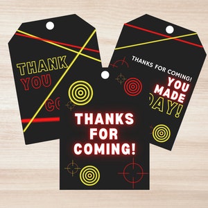 Set of 3 Laser Tag Party Gift Tag Editable Template - Neon Thank You/ Thanks For Coming Tags