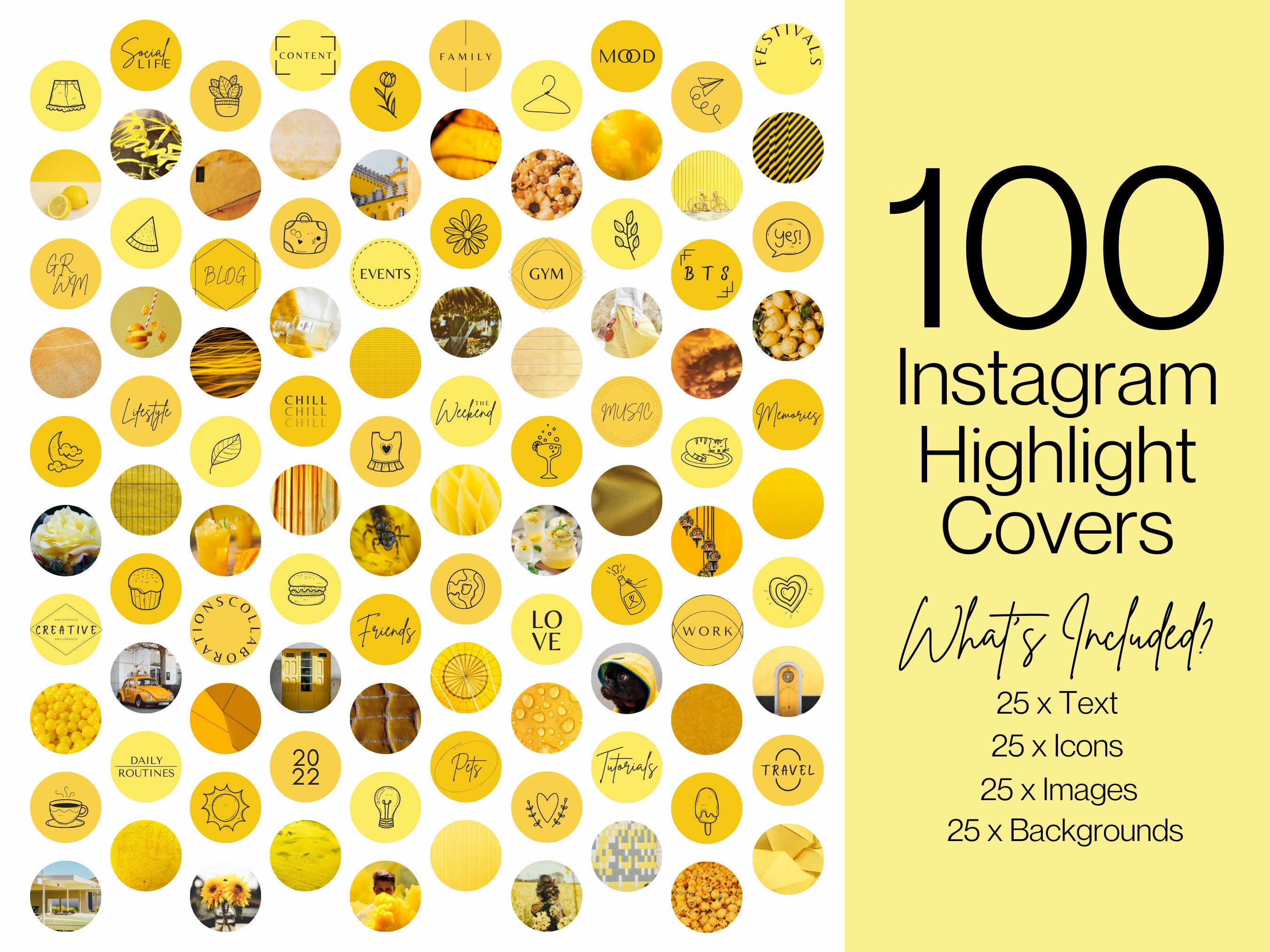 100 Yellow Instagram Story Highlight Covers Canva Editable Etsy