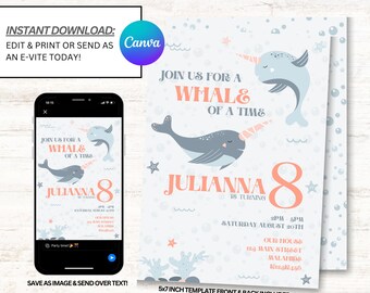 Puede incluir: Una invitación imprimible azul y blanca de 12,7 x 17,8 cm con un tema de narval. La invitación dice "Join us for a whale of a time" y "Julianna is turning 8". La invitación tiene un fondo azul claro con burbujas blancas y coral.