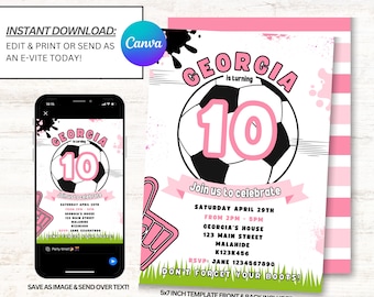 Girl Soccer Invitations, Girls Soccer Invites, Girls Football Party Invite, Instant Download