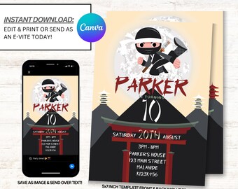 Op de afbeelding: Printbare uitnodiging voor een 10e verjaardagsfeest met een ninja-thema. De uitnodiging toont een ninja-cartoon voor een maan en een Japanse tempel. De tekst op de uitnodiging luidt "Parker wordt 10" en bevat de datum, tijd en locatie van het feest.