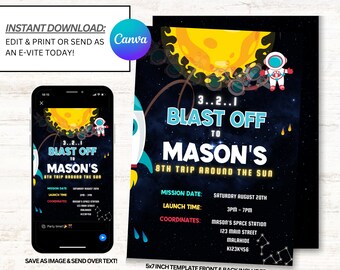 Space Birthday Invitation, Outer Space Invitations, Astronaut Invites, Instant Download