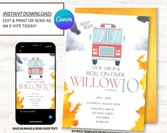 Fire Truck Invitation, Fireman Invite, Fire Engine Invitation, Instant Download