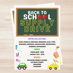 Back to School Supply Drive/Fundraiser/Donations Flyer -  Editable Template 8.5x11inch