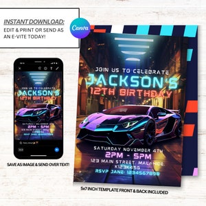 Lamborghini Invitation, Lamborghini Party Invites, Neon Birthday Invitation, Instant Download