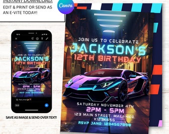 Lamborghini Invitation, Lamborghini Party Invites, Neon Birthday Invitation, Instant Download