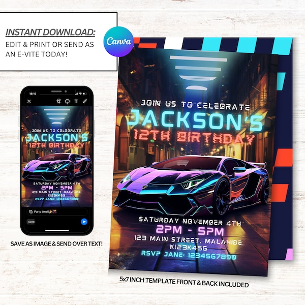 Lamborghini Invitation, Lamborghini Party Invites, Neon Birthday Invitation, Instant Download