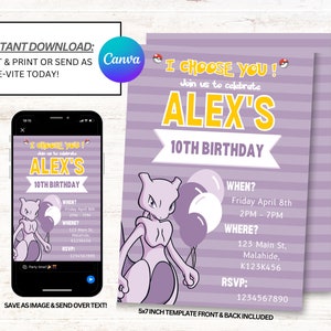 Invitations Mewtwo, Invitations Pokemon, Invitations d'anniversaire Pokemon, Téléchargement instantané