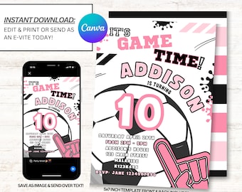 Girl Soccer Invitations, Girls Soccer Invites, Girls Football Party Invite, Instant Download