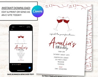 May include: A 5x7 inch printable invitation template for a 30th birthday party. The front of the invitation features a red wine glass graphic with the text "aged to perfection Amelia's 30th birthday". The back of the invitation features a repeating pattern of red wine glasses.