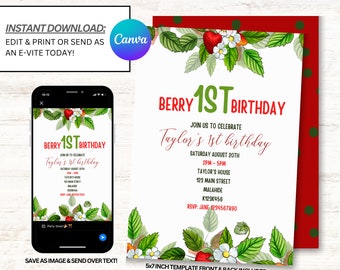 Berry First Birthday Invitation, Berry First Invitations, Strawberry Birthday Invites - Téléchargement immédiat