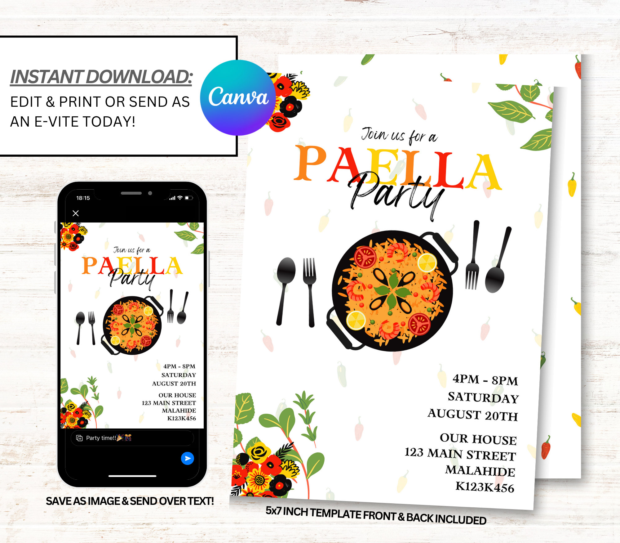 Paella Party Invitation, Paella Party Invites, Paella Invitations, Instant Download