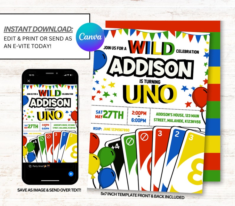 Uno Invitation, Uno Birthday Invites, Uno Party Invitations, Instant