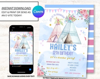 Op de afbeelding: Een printbare uitnodiging voor een slaapfeestje voor een 12e verjaardag. De uitnodiging bevat een aquarel-illustratie van twee tipi's met roze en blauwe accenten. De tekst op de uitnodiging luidt "Hailey's 12th Birthday It's a slumber party!" met details over de datum, tijd en locatie van het feest.
