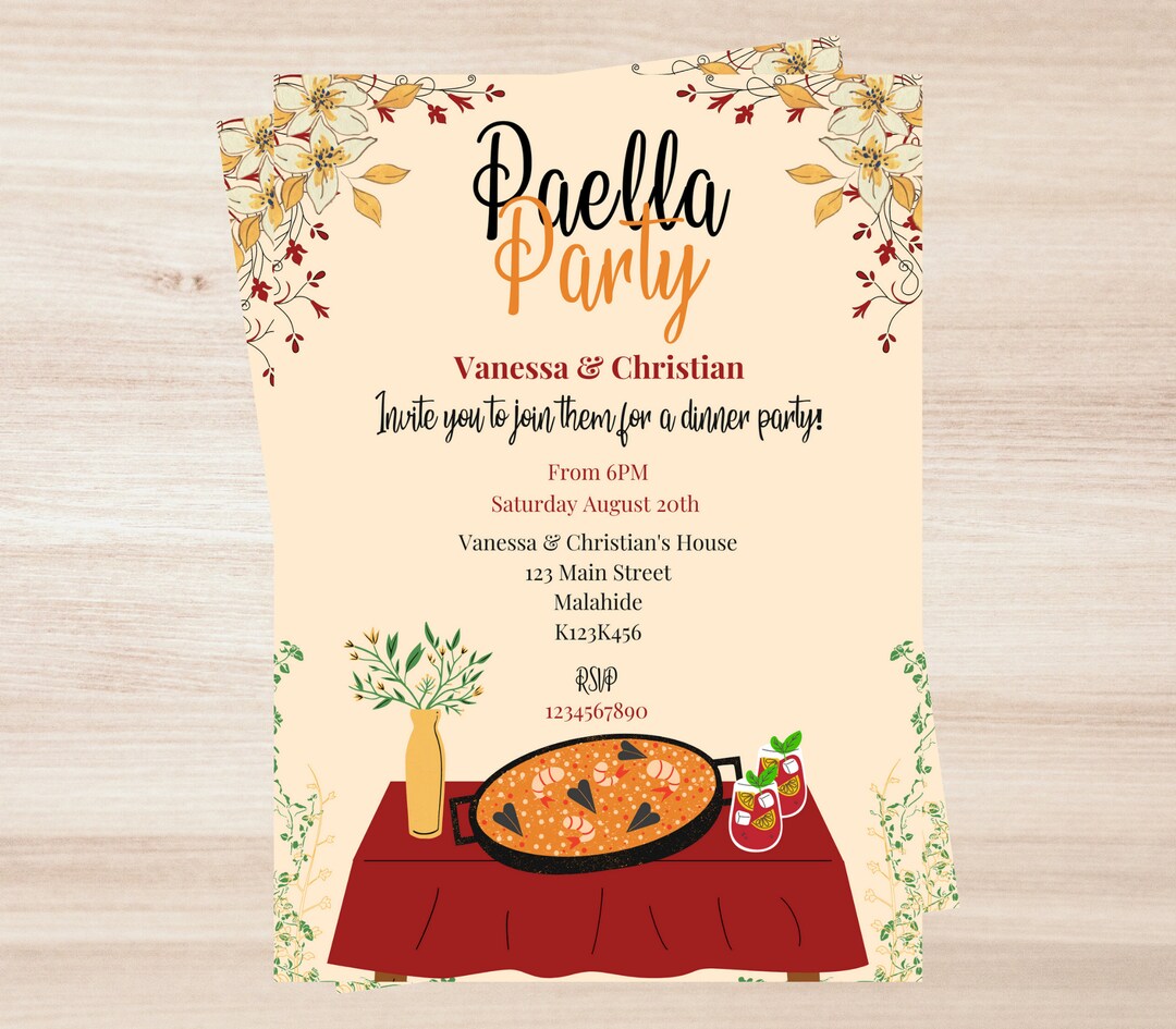 Paella / Dinner Theme Party Invite Editable Invitation Etsy