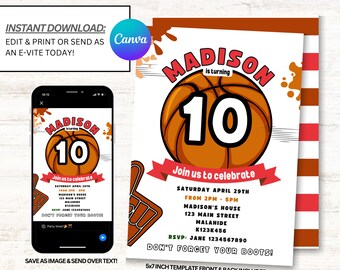 Basketbal uitnodiging, basketbal partij uitnodigen, Instant Download