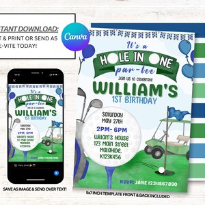 Golf First Birthday Invitation, Golf 1st Birthday Invites, Golf Invitations, Instant Download