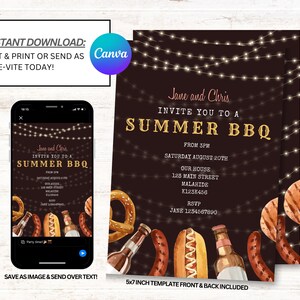 Puede incluir: Una plantilla de invitaci&oacute;n imprimible de 5x7 pulgadas para una barbacoa de verano. La invitaci&oacute;n presenta un fondo marr&oacute;n oscuro con luces de cadena, una ilustraci&oacute;n de acuarela de perritos calientes, pretzels y botellas de cerveza, y el texto "Jane y Chris te invitan a una barbacoa de verano".