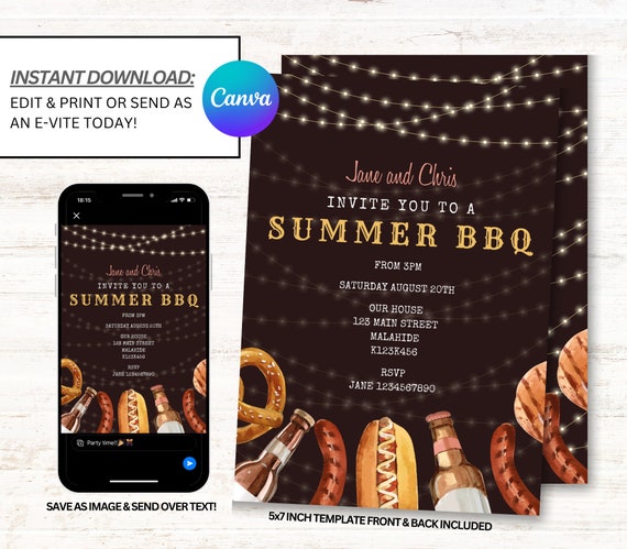 BBQ Invitation, BBQ Invites. Backyard BBQ Party Invitations, Instant Download