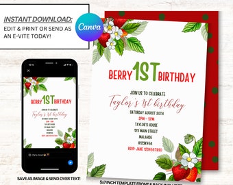 Berry First Birthday Invitation, Berry First Invitations, Strawberry Birthday Invites - Téléchargement immédiat