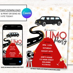 Limo Party Invitation, VIP invitations, Red Carpet Invites, Instant Download