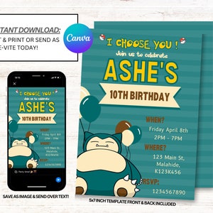 Snorlax Invitations, Pokemon Invitations, Pokemon Birthday Invites ...